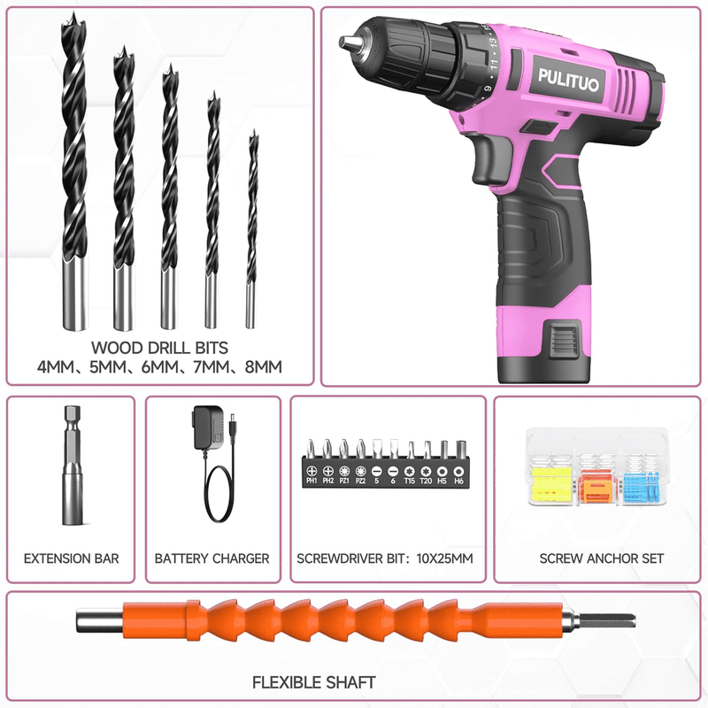 12V Cordless Drill Set 21+1 Torque LED 3/8" Keyless Chuck Battery & Charger Pink5