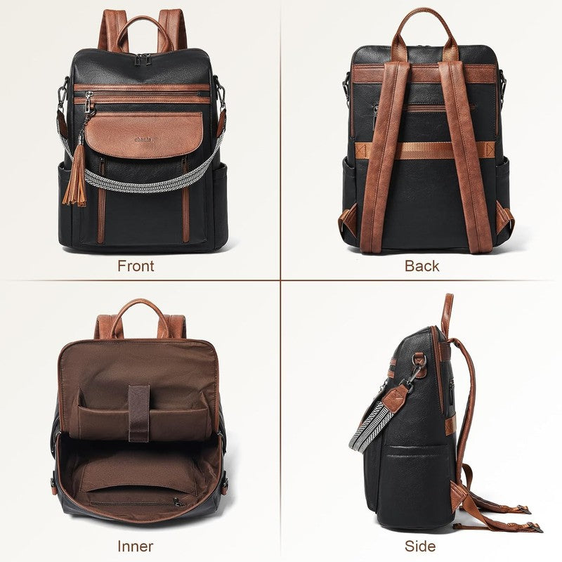 Women Laptop Backpack 15.6" Leather Travel Work Water Resistant Black Brown6