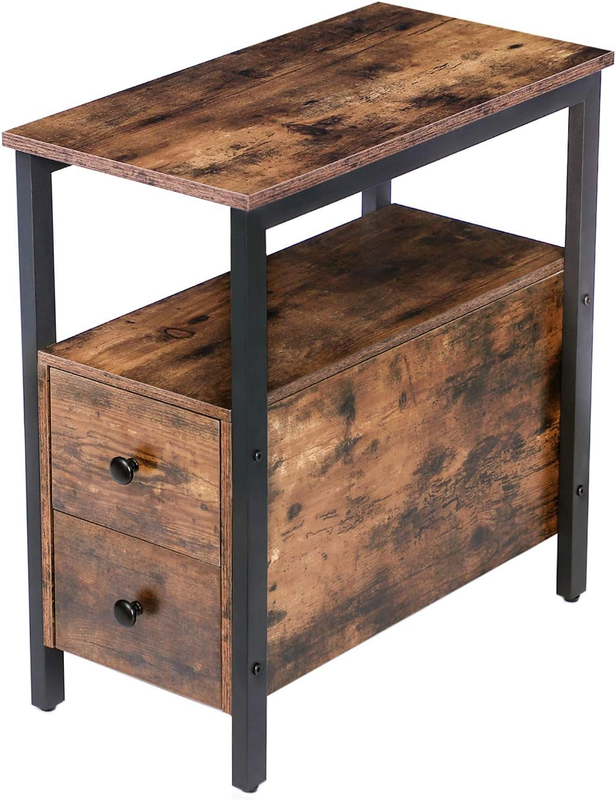 End Table Narrow Chairside Table with Drawer & Shelf Rustic Brown Black0
