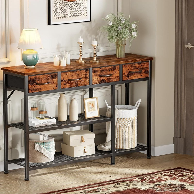 47" Industrial Entryway Table Sofa Console 4 Fabric Drawers Rustic Brown5