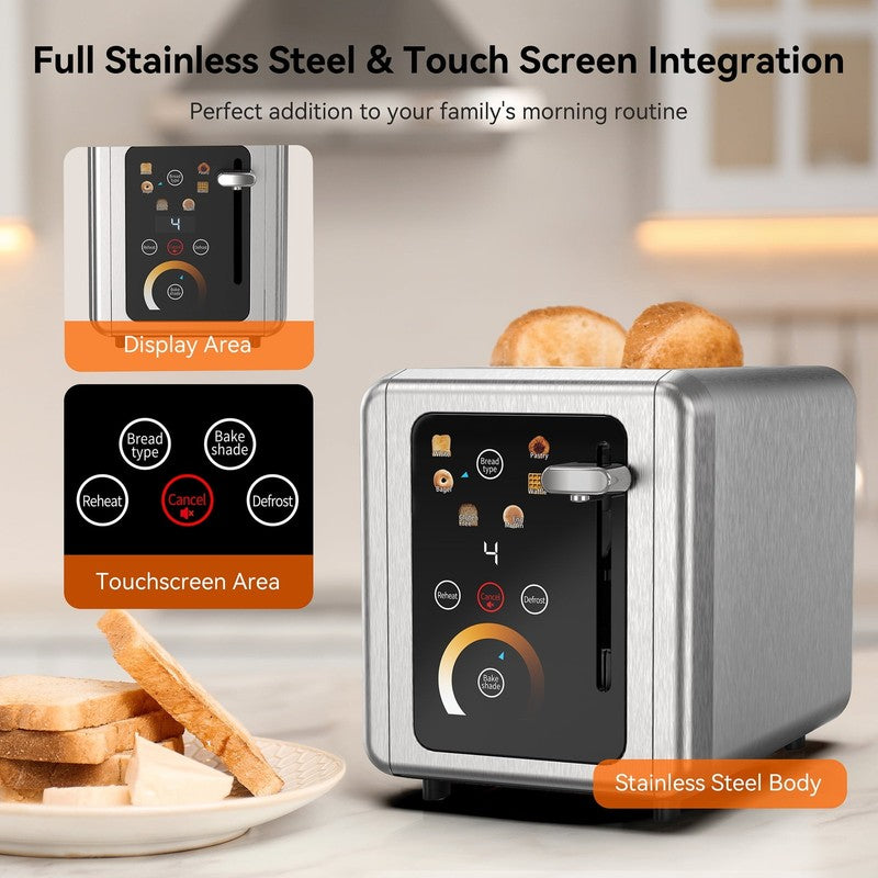 Touchscreen 2 Slice Toaster Stainless Steel Wide Slots Bagel Defrost 850W4