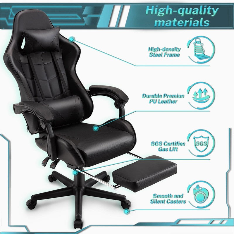 Ergonomic Gaming Chair with Footrest Massage Lumbar Support High Back Black2