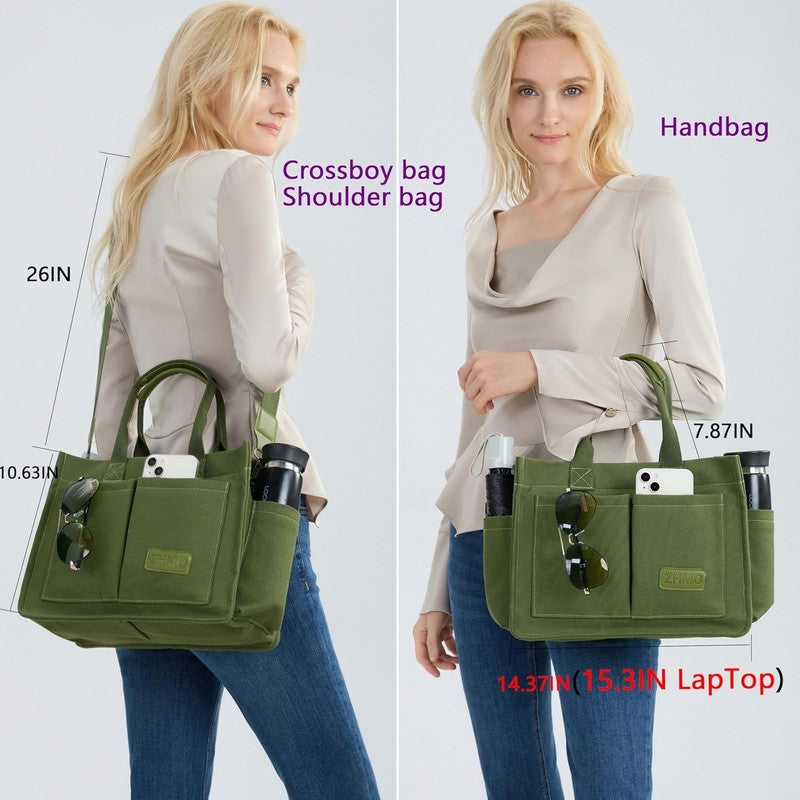 Women’s Large Canvas Tote Bag w/ Compartments Shoulder Crossbody Work Laptop2