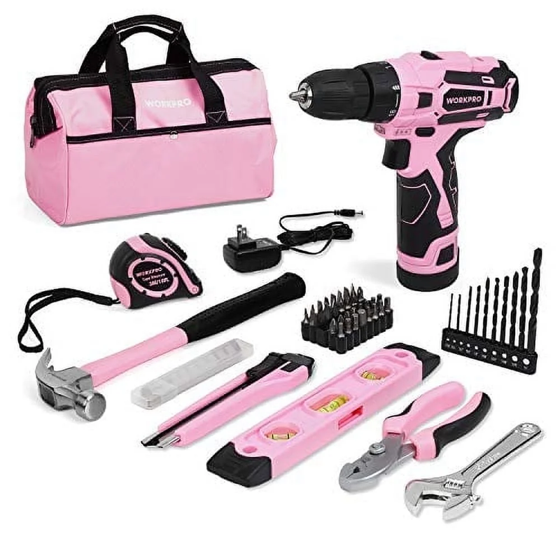 12V Cordless Drill Driver Kit 61-Pc Power Tool Set Pink 1.5Ah Battery & Charger0