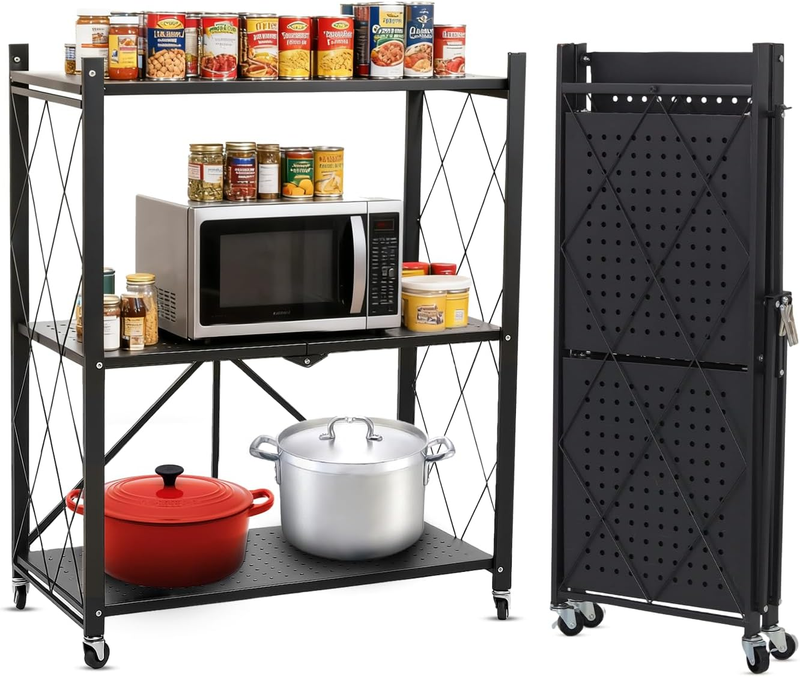 3 Tier Foldable Storage Shelf w Wheels Heavy Duty Metal Rolling Rack Black8