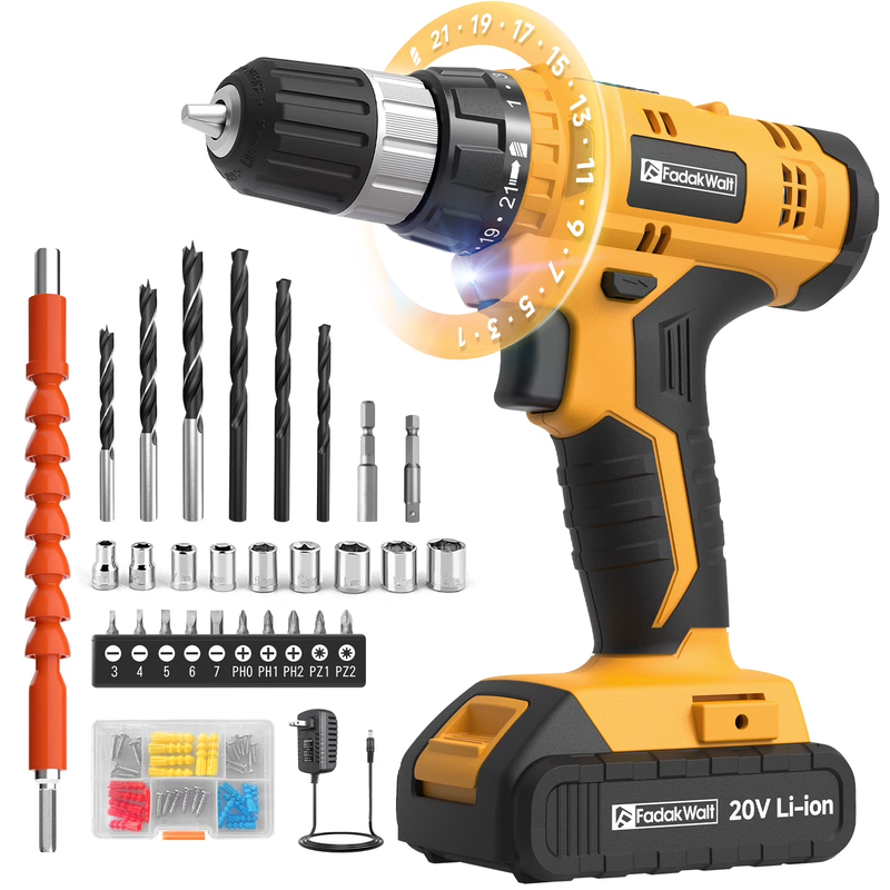 20V Cordless Drill Set 30Nm 21+1 Clutch 3/8in Keyless Chuck Battery Charger10