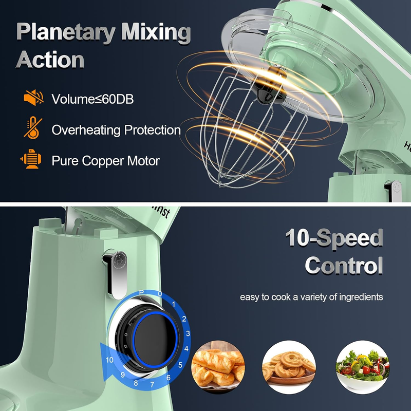 6.5QT Stand Mixer 10 Speed Tilt Head Kitchen Mixer Light Green Baking Tool2