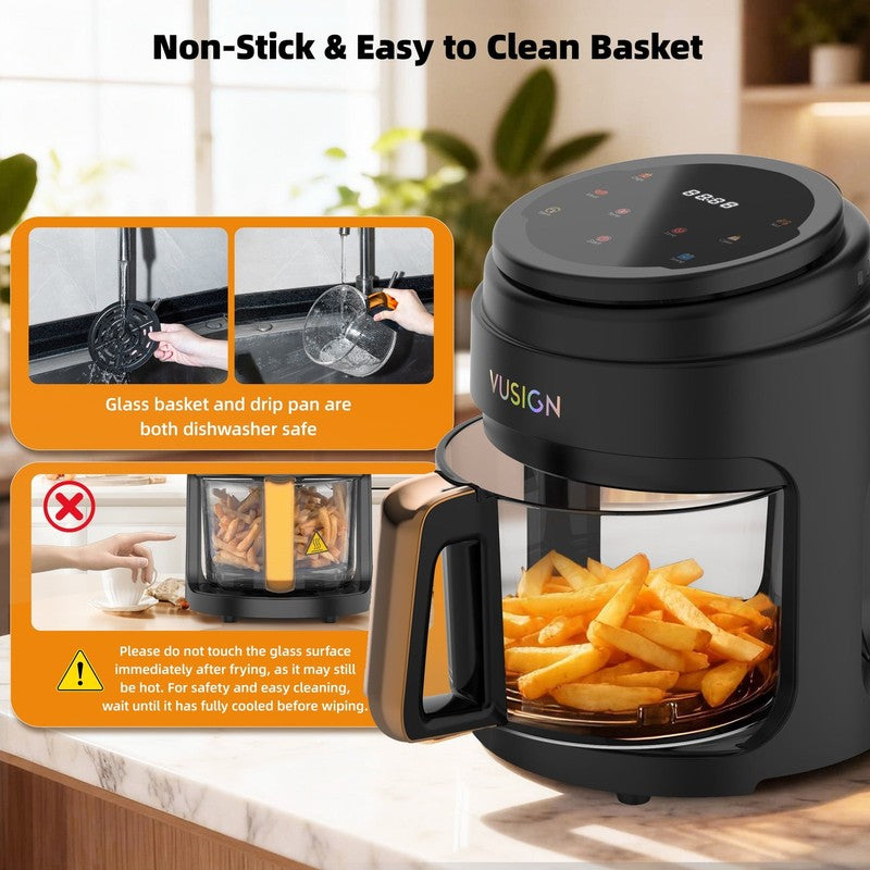 Black 5QT 1000W Digital Air Fryer Glass Pot Nonstick Dishwasher Safe4
