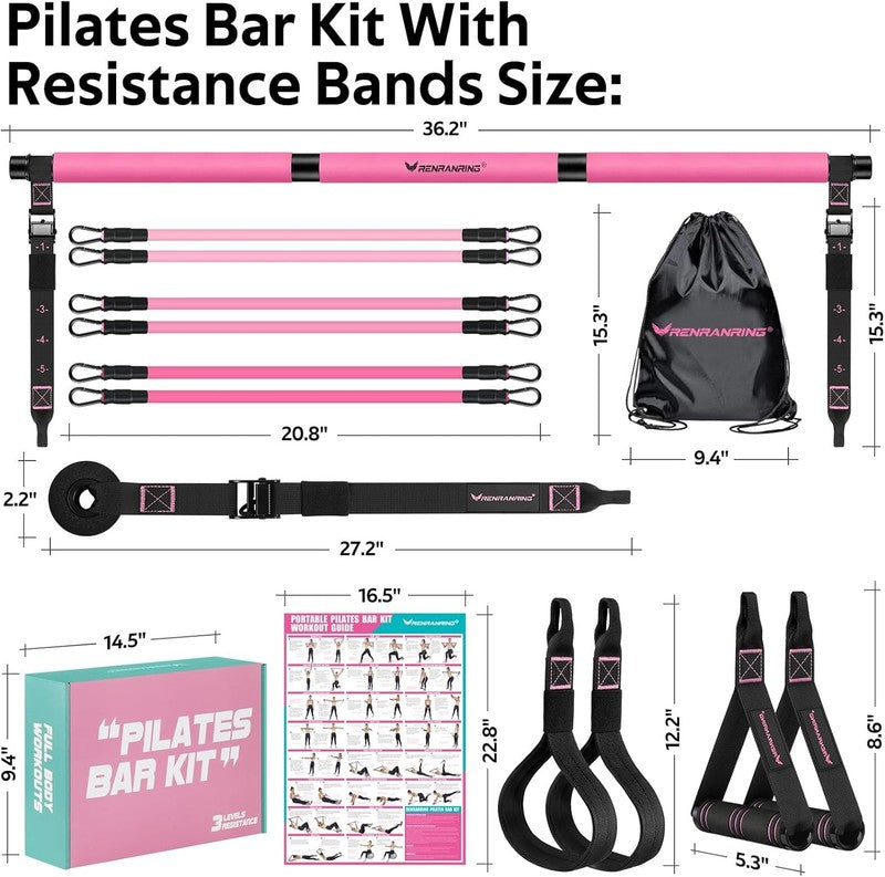 Pilates Bar Kit w/ Resistance Bands Adjustable Metal Buckle Full Body Pink6