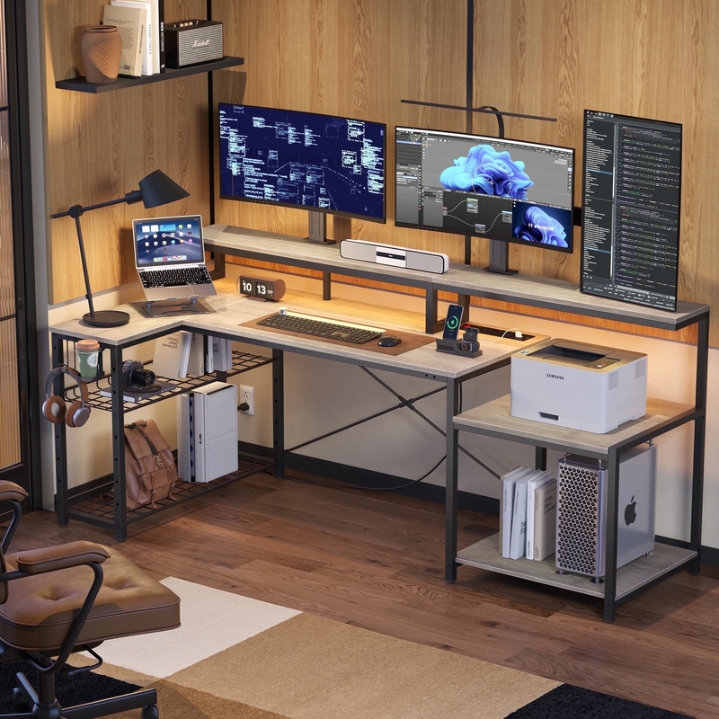 71" L-Shaped Gaming Desk with LED, Power Outlets, Monitor Stand Grey9