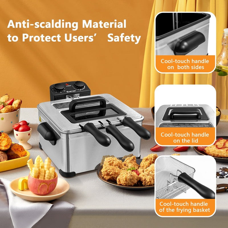 Electric Deep Fryer 5.3 Qt/21 Cup Stainless Steel 1700W with Triple Basket Silve6
