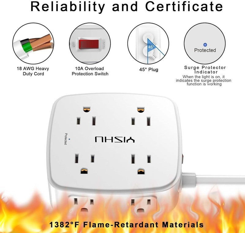 6 Ft Surge Protector Power Strip   8 Widely Outlets with 4 USB Ports, 3 Side Out5