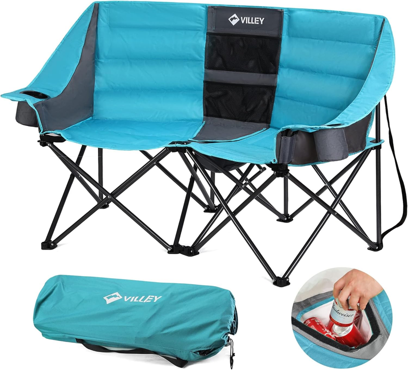 Extra Wide Double Camping Chair w/ Cooler Bag Loveseat Folding 600lb7