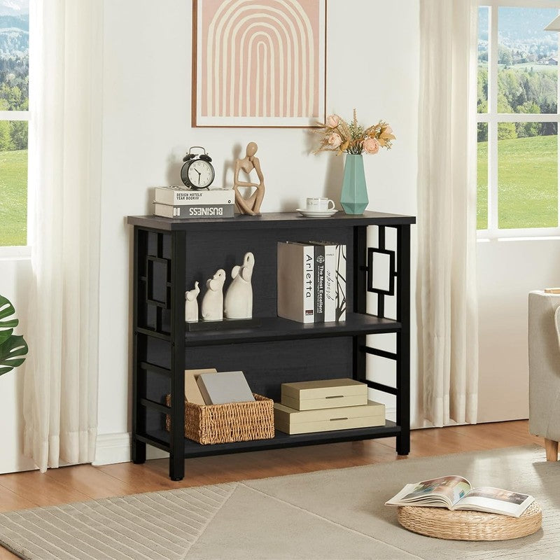 3 Tier Bookshelf Black Engineered Wood Metal Storage Bookcase Low Shelf6