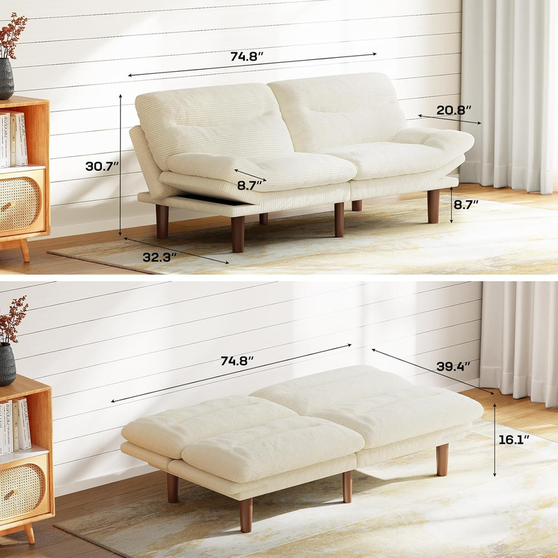75in Futon Sofa Bed Convertible Corduroy Sleeper Sofa Loveseat Adjustable White1