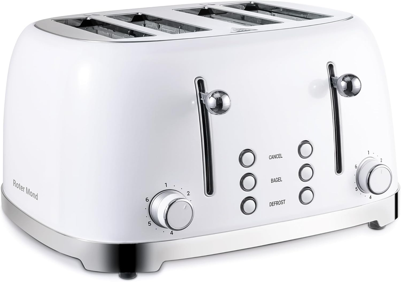 Retro 4 Slice Toaster White ST033 - Wide Slots, Bagel, Defrost, 6 Settings0
