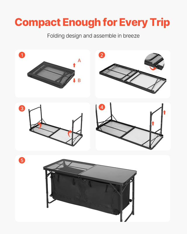Camping Kitchen Table Folding Adjustable Height Cooking Station BBQ Storage Blac6