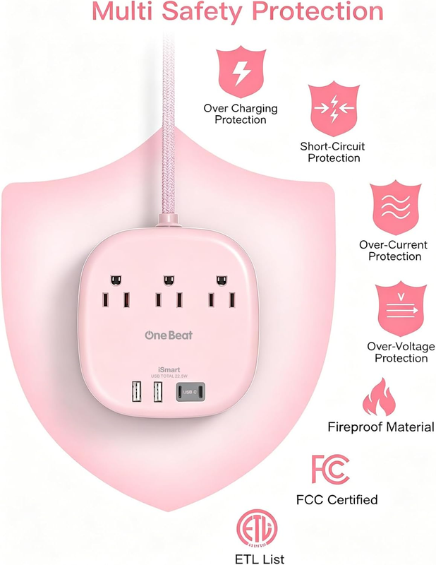 Cruise Approved Power Strip 3 Outlets 4 USB 2 USB C 6FT Pink6