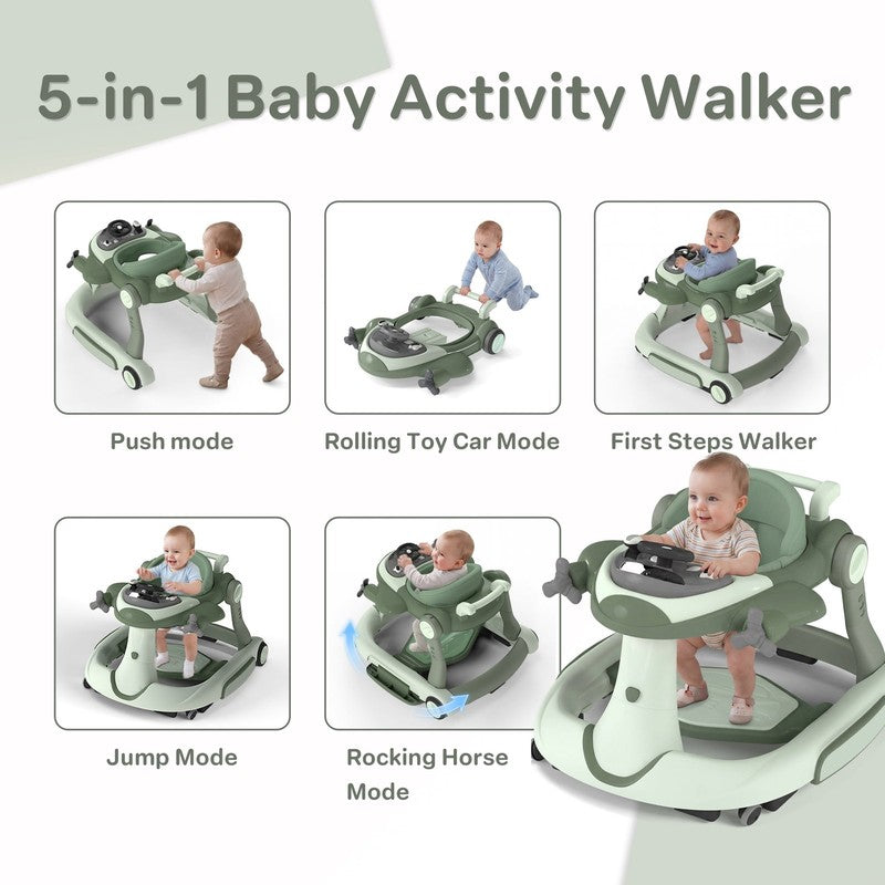 5-In-1 Musical Baby Walker with Wheels, Foldable Baby Walker for Boys Girls, Gre1