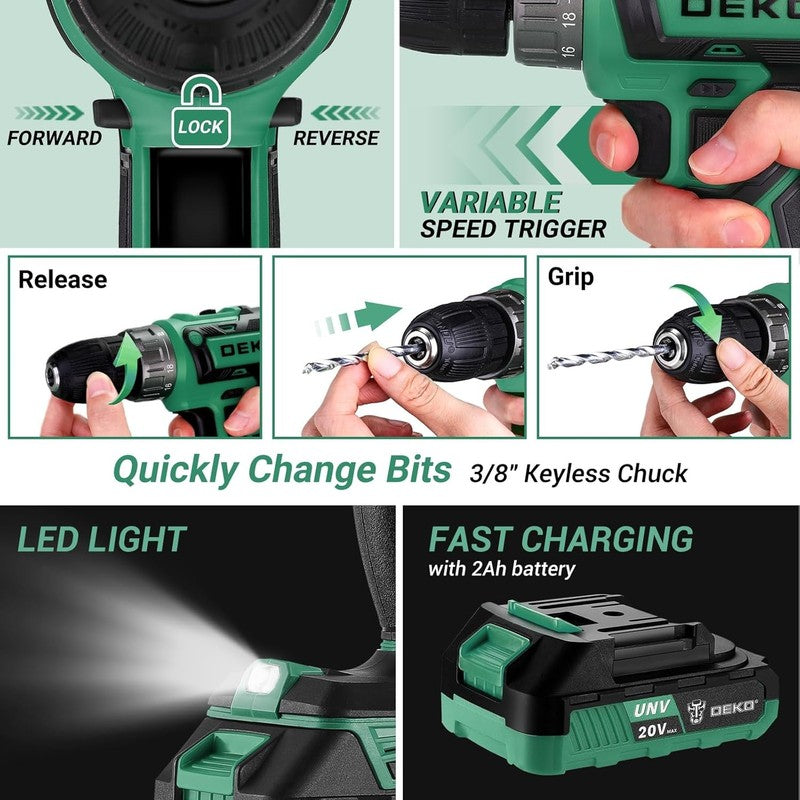 20V Cordless Drill Tool Kit Green Home Repair Electric Drill Driver Case3
