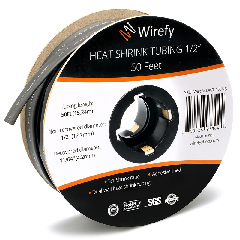 Adhesive Lined Heat Shrink Tubing 1/2" - 50ft Black, 3:1 Ratio, Durable10