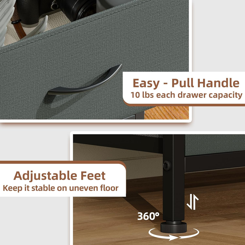 Set of 2 Nightstands 2 Drawer Bedside Table w/ Fabric Bins Charcoal Grey7