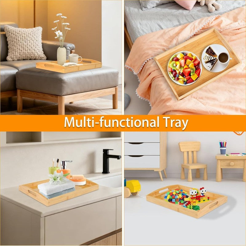 2 Pack Bamboo Serving Tray with Handles, Portable Bed Tray for Breakfast Dinner,8