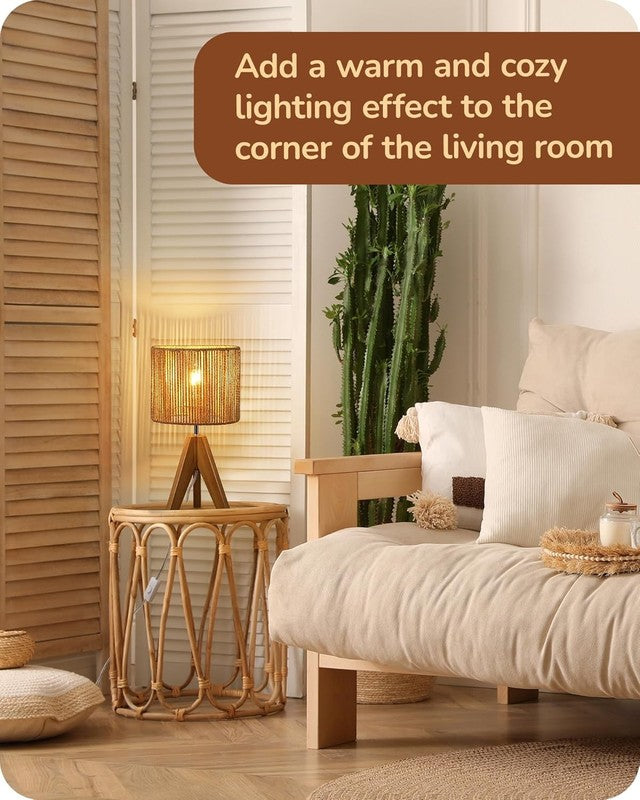 Small Rattan Table Lamp Wood Tripod Bedside Boho Nightstand Lamp E265