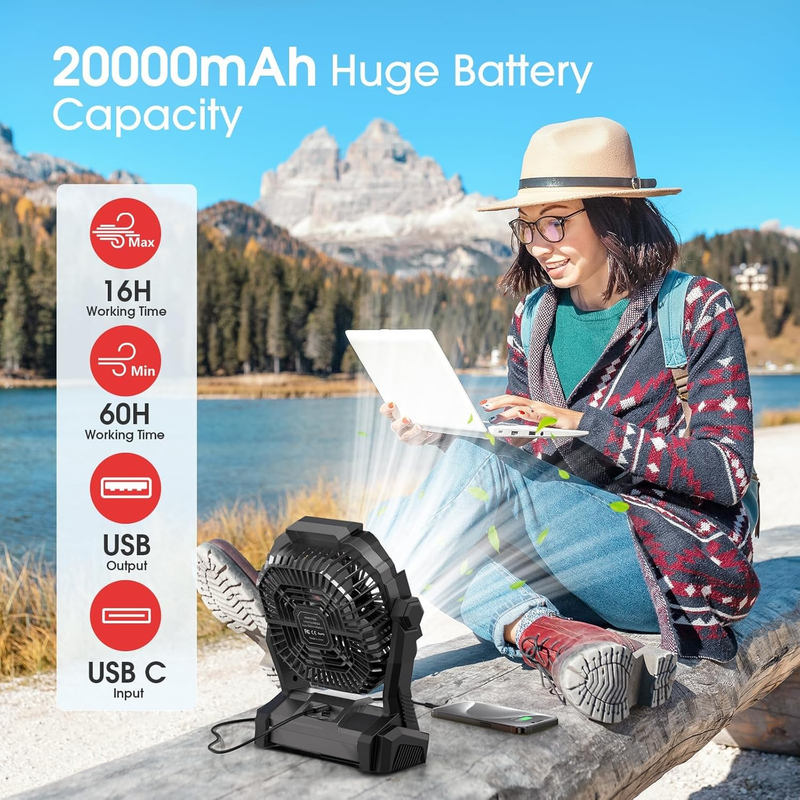 Portable Rechargeable Fan 20000mAh Cordless Battery LED Lantern USB-C1