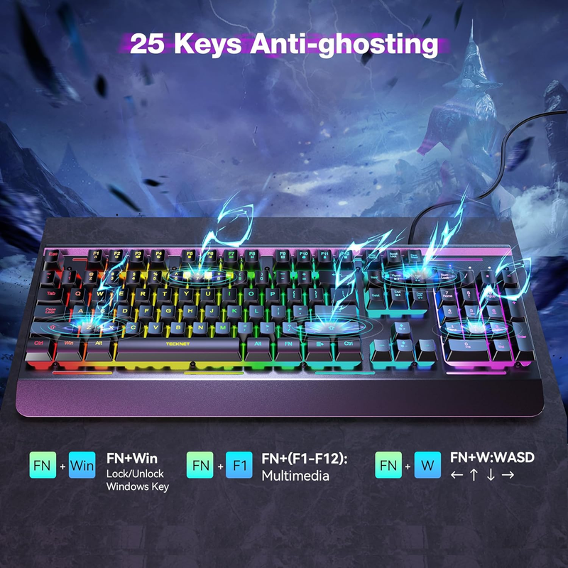 RGB Gaming Keyboard USB Wired 15-Zone LED Anti-Ghosting Metal Panel6