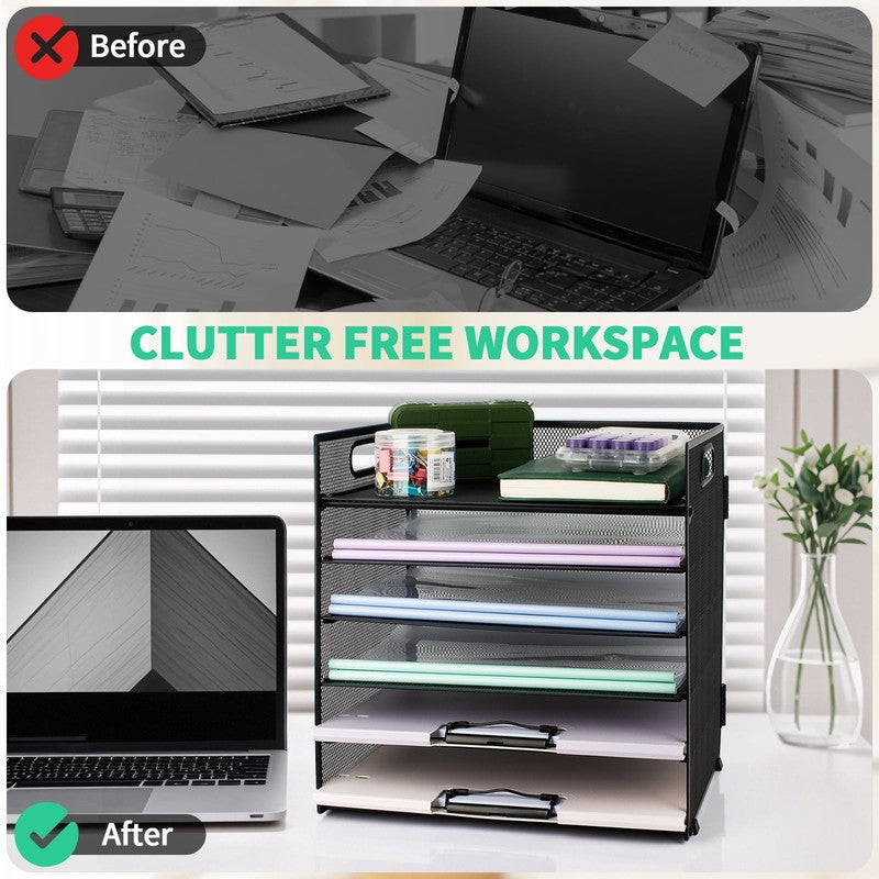 6-Tier Desk Organizer Paper Storage Box ,Stationery Tray with Handle Mesh Statio1
