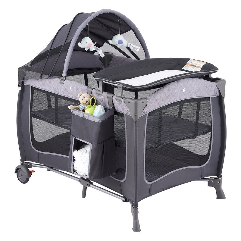 Unisex Portable Baby Play Yard Grey w/ Wheels Canopy Changing Table Newborn1