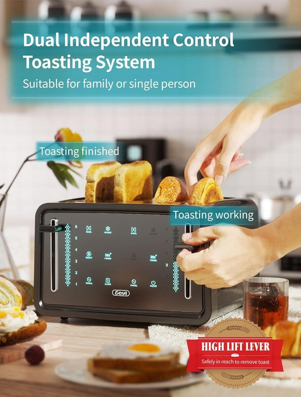 4 Slice Toaster LED Touchscreen - Dual Controls, Bagel, Defrost, 6 Shades6