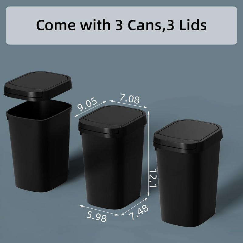 3-Pack 2.6 Gal Slim Trash Cans with Pop-Up Lid Black Plastic Waste Bins5