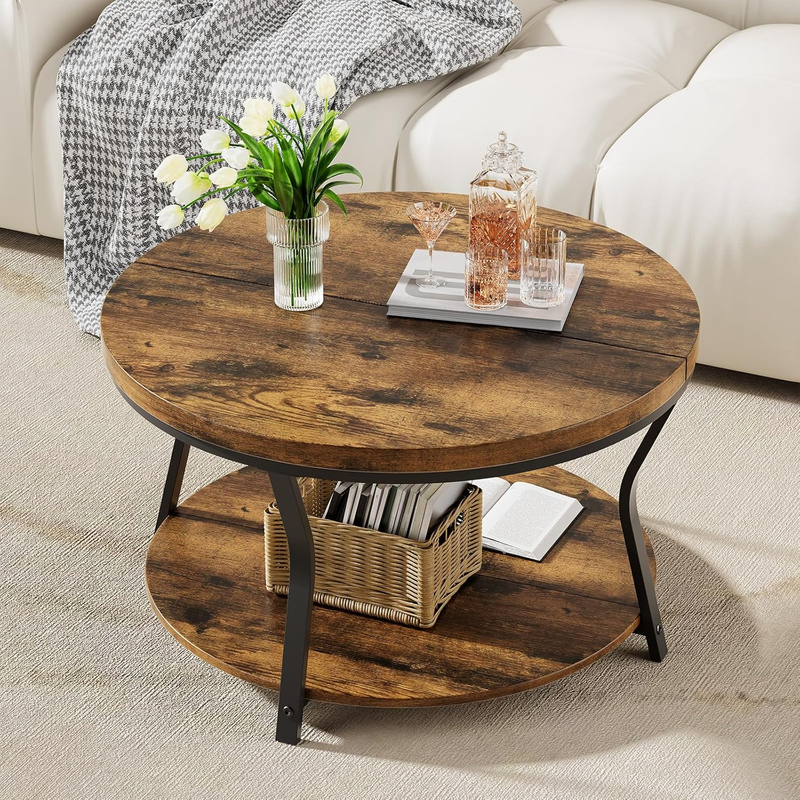 Round Coffee Table 2 Tier Industrial Wood Metal Frame 31.5in Rustic Brown9