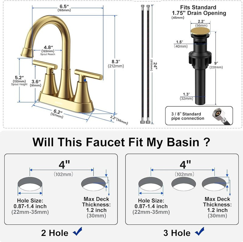 Brushed Gold Bathroom Sink Faucet 4" Centerset w/ Drain & Supply Hoses2