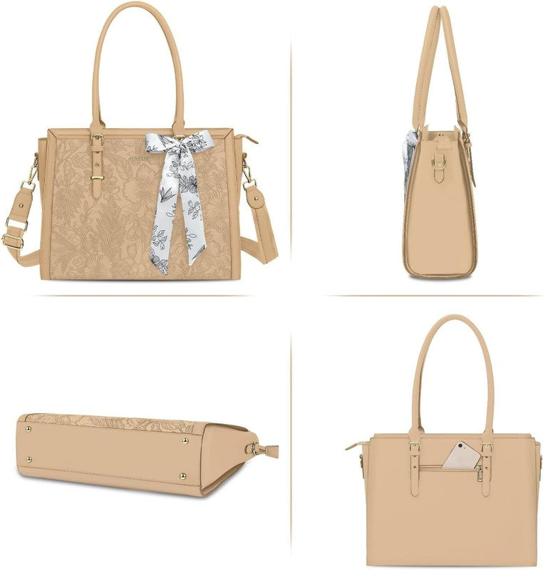 Women Laptop Tote Bag 17–17.3 Inch Waterproof PU Leather Shoulder Bag Antique Gr1
