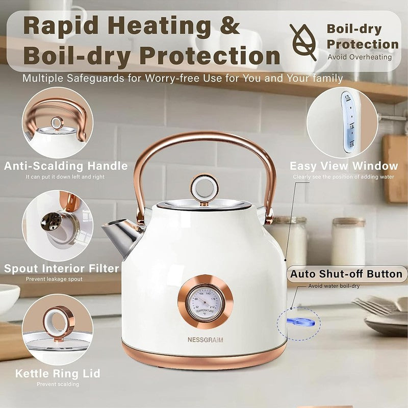 Retro Electric Kettle 1.7L 1500W Stainless Steel Temp Gauge LED White3