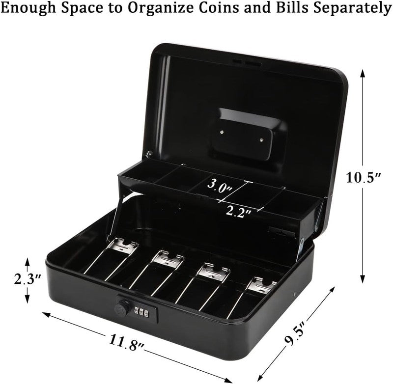 Locking Large Metal Cash Box with Money Tray, Money Box with Combination Lock, B3
