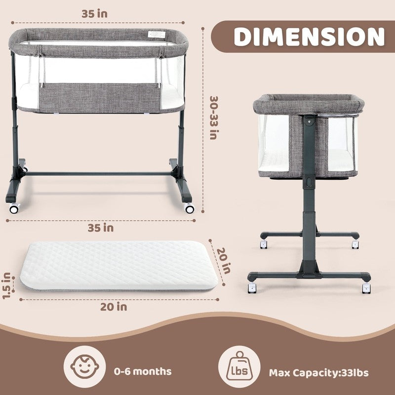 Baby Bassinet with Wheels Grey Height Adjustable Bedside Sleeper for Newborns10