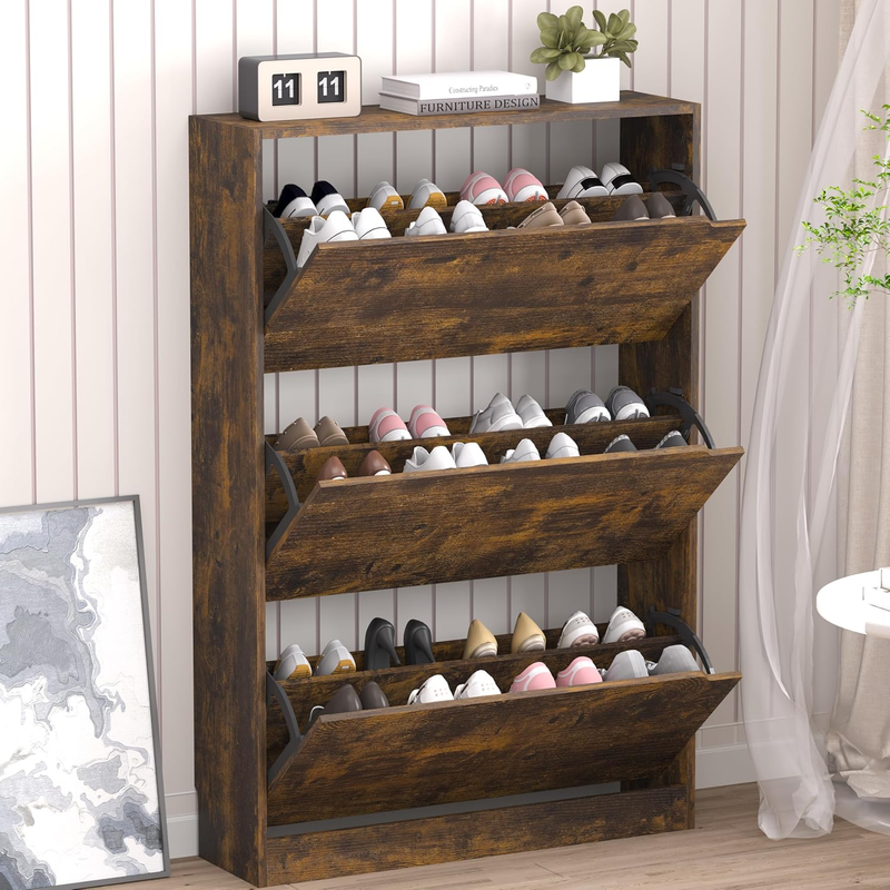 Shoe Cabinet 3 Flip Drawers Freestanding Wood Storage Entryway Hallway7