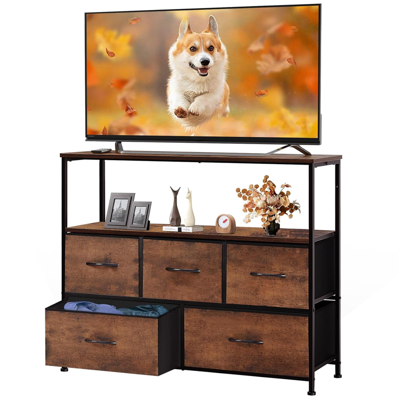 Rust TV Stand Dresser 5 Fabric Drawers Media Console 45" TV Compact Storage Unit11