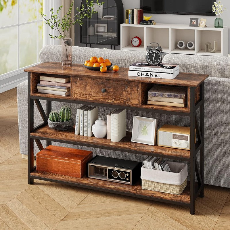 47'' Console Table Rustic Brown Industrial Entryway Sofa Table Drawer Shelves3