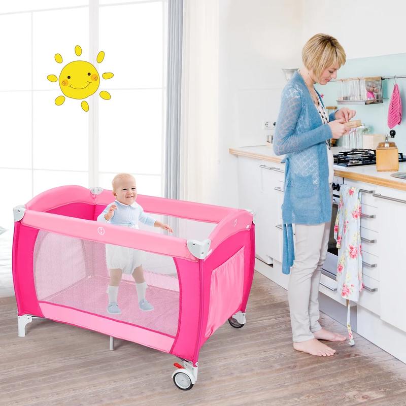 Foldable Baby Crib Playpen Travel Infant Flat Bassinet Bed Mosquito Net Music wi3