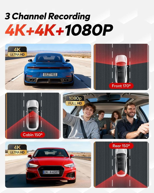 4K+4K+1080P 3-Channel Dash Cam Front/Rear/Cabin WiFi 128GB Card GPS Night Vision1