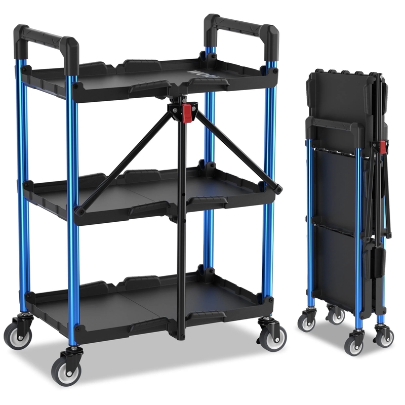 3 Tier Folding Collapsible Service Cart with Wheels, 210 Lbs Loading Capacity, F10
