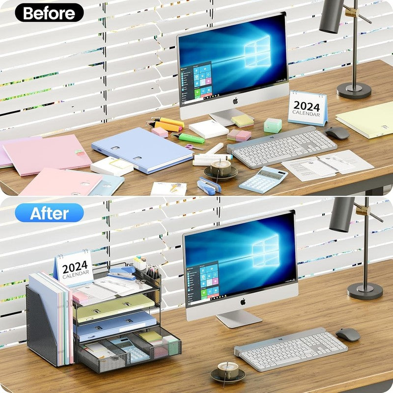 4-Tier Desk Organizer with Drawer & Pen Holders - Office Supplies (Black)6
