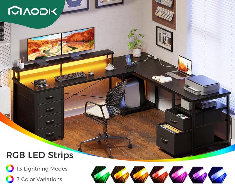 66" L Shaped Computer Desk Reversible LED Power Black Home Office5