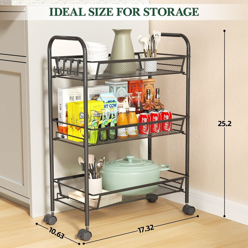 3 Tier Slim Mesh Rolling Storage Cart Black, Metal Organizer for Narrow Spaces3