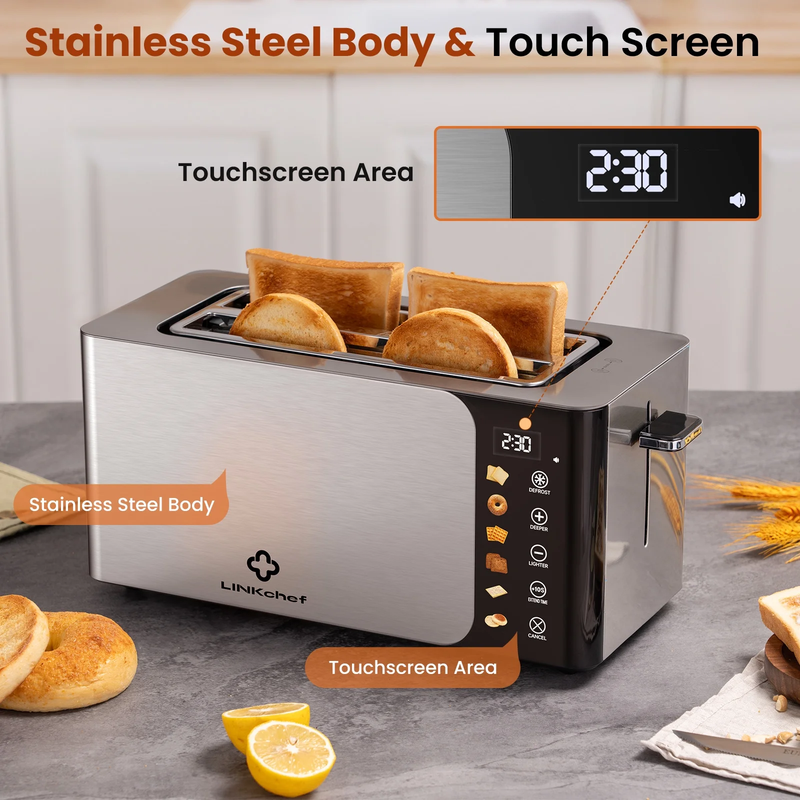 4 Slice Touchscreen Toaster Extra Wide 1.5in Slots Stainless Steel Timer Defrost4